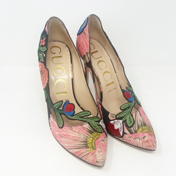 Gucci Ophelia Floral Embroidered Printed Satin Pumps - Picture 3 of 10